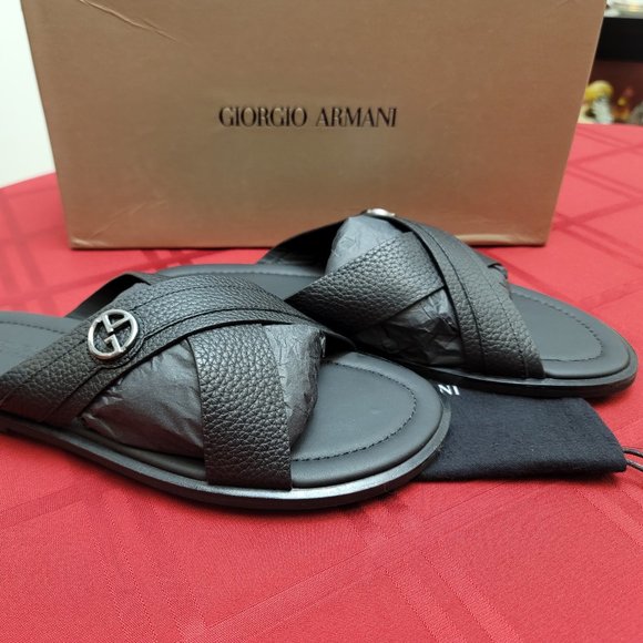 Auth GIORGIO ARMANI Midnight Black Leather Slides main image 5